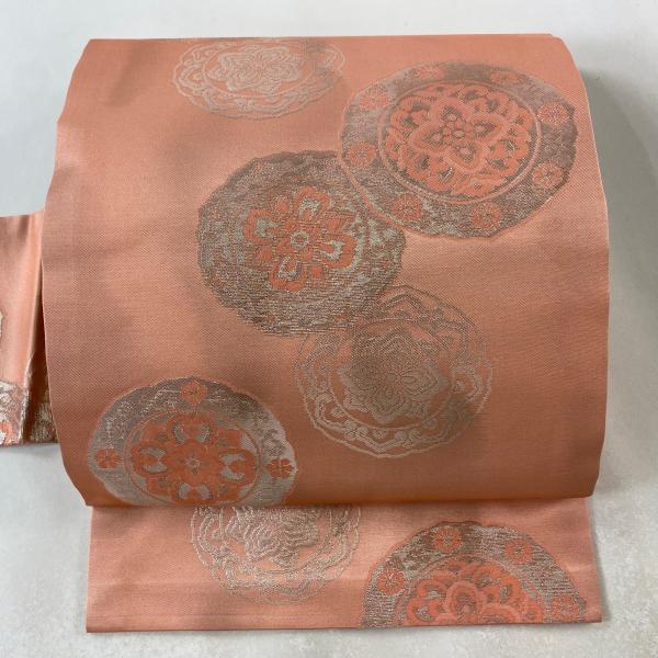 正絹 名古屋帯 ピンク 美品 銀箔 金箔 アコヤ貝 美品 名古屋帯