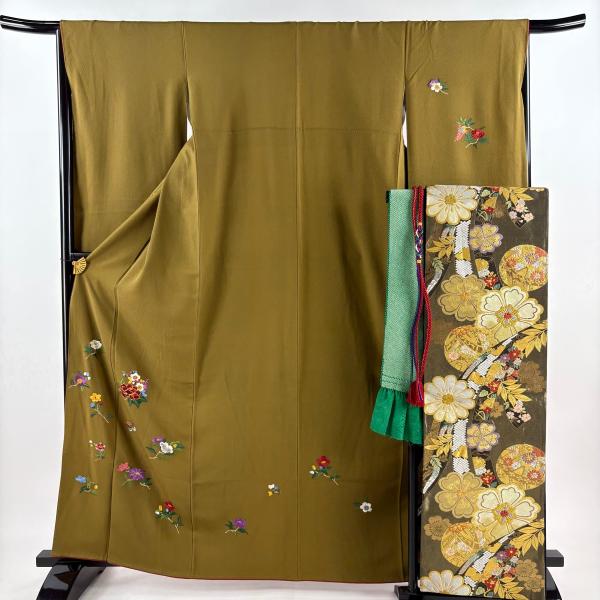 振袖 身丈163cm 裄丈65cm M 袷 袋帯フルセット 蝶 草花 刺繍 金糸 茶