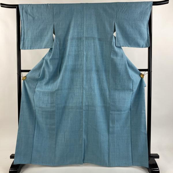 紬 身丈166.5cm 裄丈64.5cm M 袷 浦野理一 水色 正絹 逸品 中古