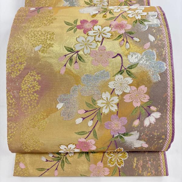 美品 袋帯 秀品 やまと 桜 花びら 箔 金色 六通 正絹 中古 : リユース