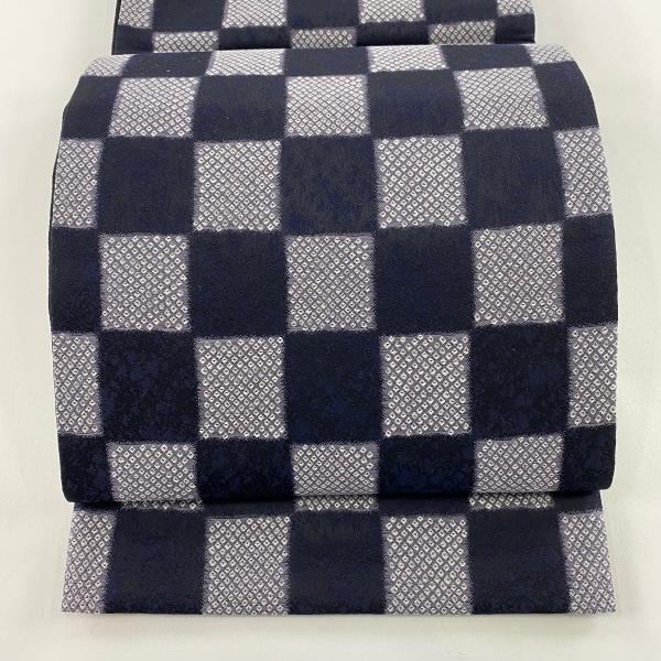 美品 袋帯 名品 市松 疋田 青紫 全通 正絹 中古 : リユースセレクト