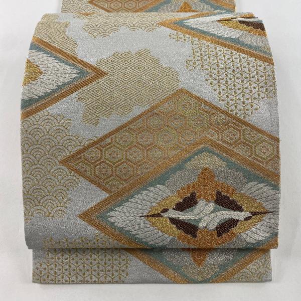 美品 袋帯 秀品 向かい鶴 有職文様 金銀糸 プラチナ箔 銀色 六通 正絹