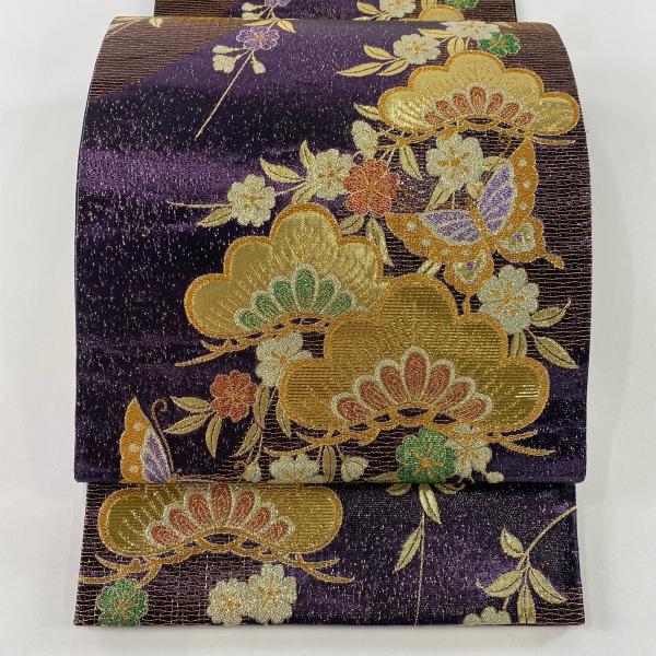 美品 袋帯 秀品 振袖向き 蝶 笠松 金糸 箔 紫 六通 正絹 中古