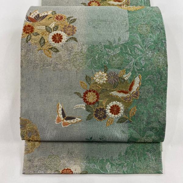 袋帯 秀品 花丸文 蝶 金銀糸 箔 灰緑 六通 正絹 中古 : リユース