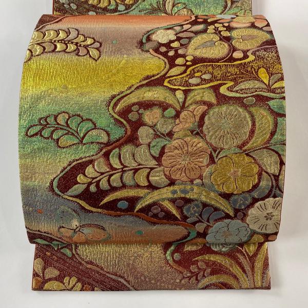 袋帯 秀品 草花 蝶 金銀糸 箔 茶色 全通 正絹 中古 : リユースセレクト