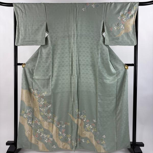 訪問着 身丈165.5cm 裄丈66.5cm M 袷 萩 七宝 金彩 絞り 薄緑 正絹 秀