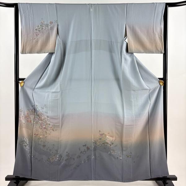 美品 訪問着 身丈159.5cm 裄丈65cm M 袷 扇面 草花 刺繍 銀糸 青灰色