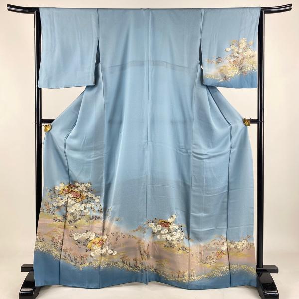 訪問着 身丈166.5cm 裄丈64cm M 袷 扇面 草花 螺鈿 金糸 水色 正絹 秀