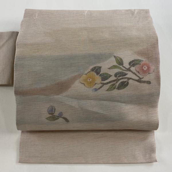 美品 名古屋帯 優品 落款あり 草花 霞 ピンクベージュ 正絹 中古