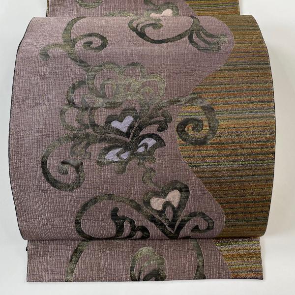 美品 名古屋帯 優品 八寸名古屋帯 松葉仕立て 花唐草 金糸 箔 灰紫