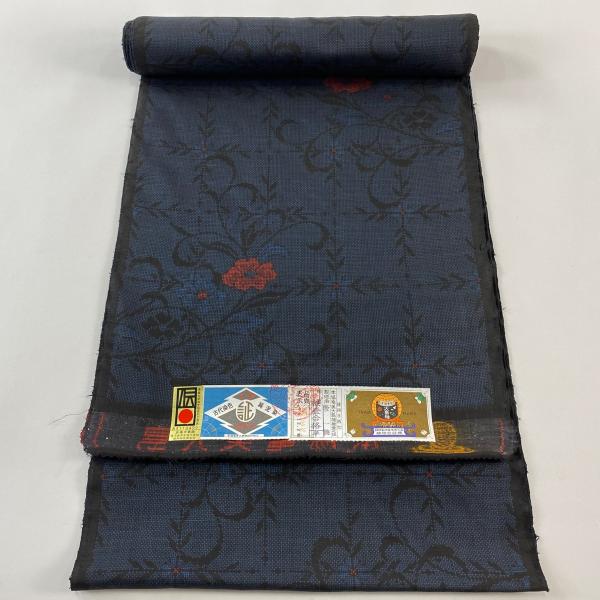 反物 秀品 大島紬 証紙 純泥染 花唐草 格子 紺色 正絹 中古