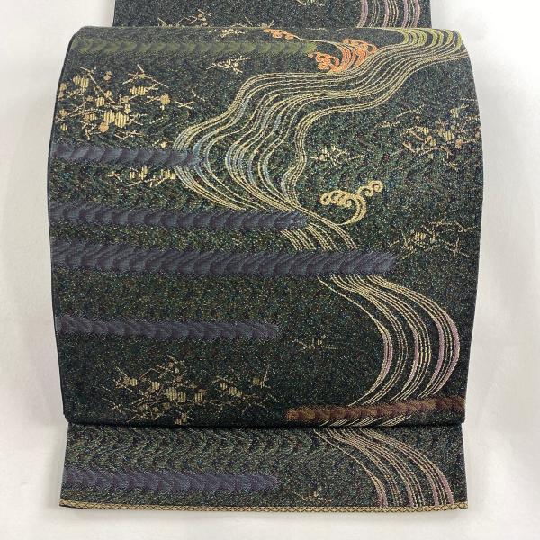 美品 袋帯 秀品 関西仕立て 流水 霞 金糸 箔 墨色 六通 正絹 中古