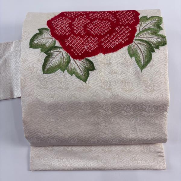 名古屋帯★夏用★絽★正絹★白★刺繍★クリーム　中古　Ｏ-133 名古屋帯 優品 草花 地紋 刺繍 絞り クリーム 正絹 中古 : リユース