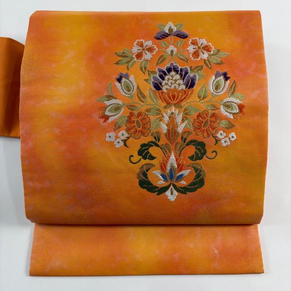 名古屋帯 優品 草花 金糸 箔 オレンジ 正絹 中古 : リユースセレクト