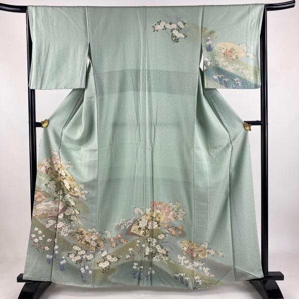 訪問着 身丈161.5cm 裄丈65cm M 袷 扇 牡丹 金糸 金彩 薄緑 正絹 秀品