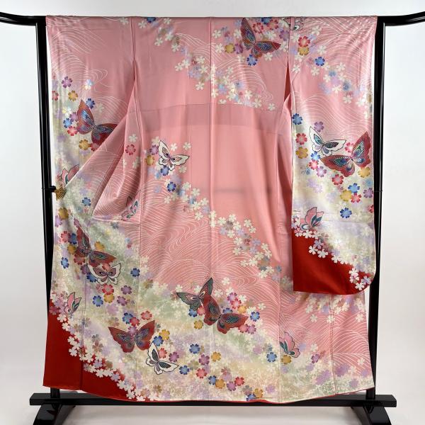 振袖 身丈156cm 裄丈62cm S 袷 蝶 桜 ラメ糸 ラメ彩 ピンク 正絹 秀品