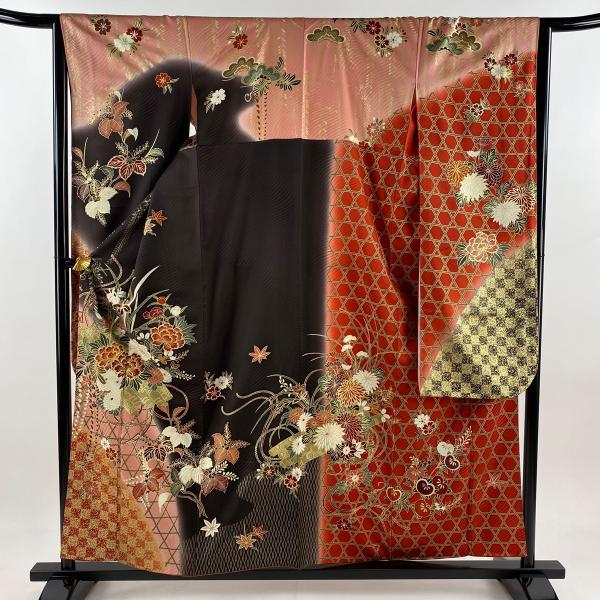 美品 訪問着 黒 枝花 金彩加工 身丈158cm 裄丈68cm お洒落 訪問着 身丈164.5cm 裄丈64.5cm M 袷 菱 草花 刺繍 金銀糸