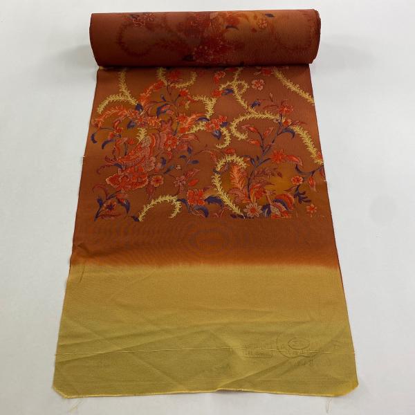 反物 秀品 小紋 草花 縮緬 赤茶 正絹 中古 : リユースセレクトショップ