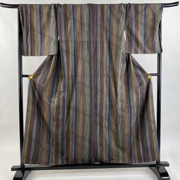 美品 小紋 身丈156.5cm 裄丈69cm L 袷 紬地 やまと 縞 幾何学模様 灰紫