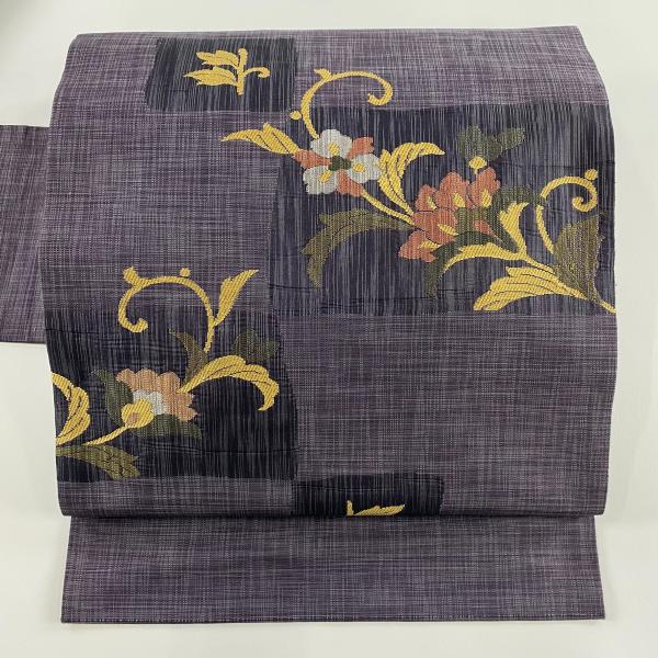 名古屋帯 秀品 関西仕立て 花唐草 色紙 灰紫 正絹 中古 : リユース