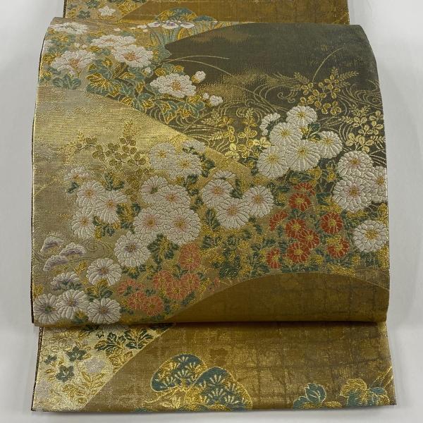 袋帯 秀品 菊 草花 金糸 箔 金色 六通 正絹 中古 : リユースセレクト