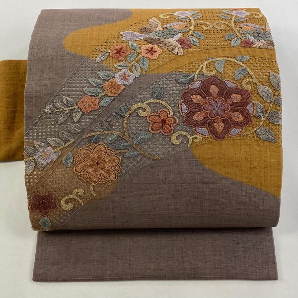 名古屋帯 秀品 花喰い鳥 花唐草 茶色 正絹 中古 : リユースセレクト