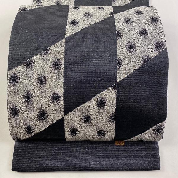 美品 袋帯 秀品 落款あり 証紙あり 幾何学 箔 黒 六通 正絹 中古