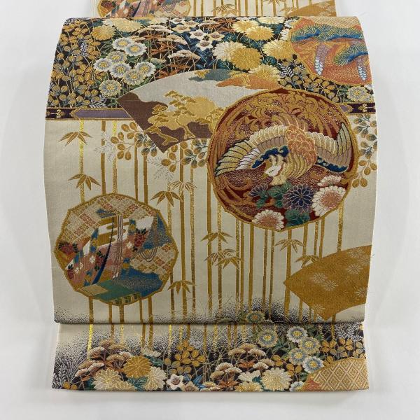 袋帯 秀品 鳳凰 秋草 箔 ベージュ 六通 正絹 中古 : リユースセレクト