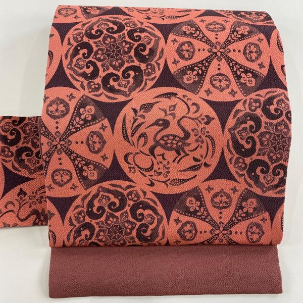 名古屋帯 秀品 華文 鳥 縮緬 灰紫 正絹 中古 : リユースセレクト