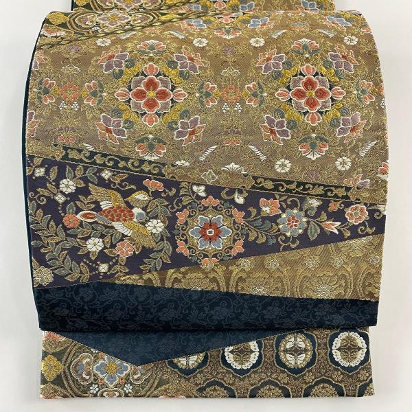 美品 袋帯 秀品 華文 花鳥 金糸 箔 紺色 六通 正絹 中古 : リユース