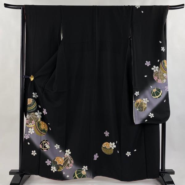 振袖 身丈163cm 裄丈66cm M 袷 鞠 桜 金糸 ぼかし 黒 正絹 名品 中古