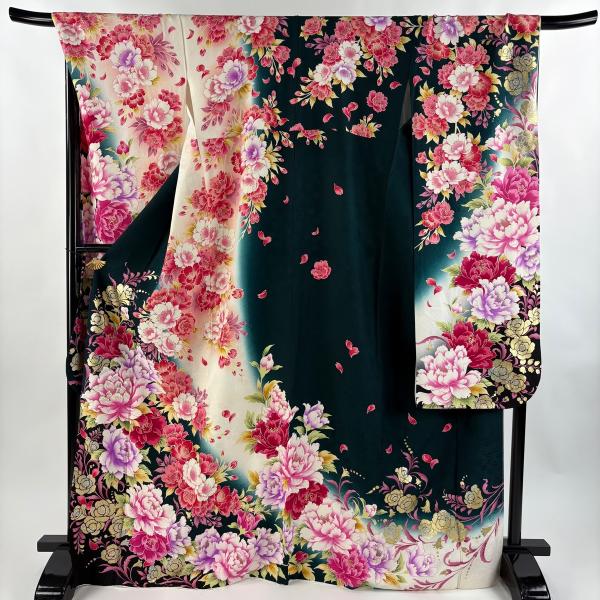 振袖 身丈170.5cm 裄丈70cm L 袷 牡丹 花びら 刺繍 金彩 深緑 正絹