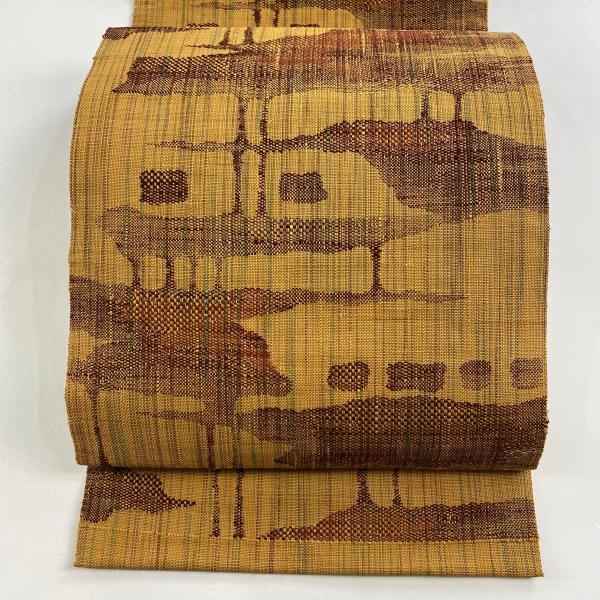 名古屋帯 優品 八寸名古屋帯 松葉仕立て 幾何学模様 縞 山吹茶色 正絹