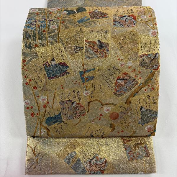 美品 丸帯 名品 リバーシブル 手先二通り 光琳かるた四季草花文 波