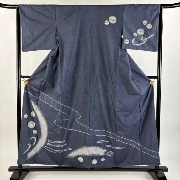 美品 付下げ 身丈157.5cm 裄丈64cm M 袷 青海波 霞 絞り 紬地 藍色
