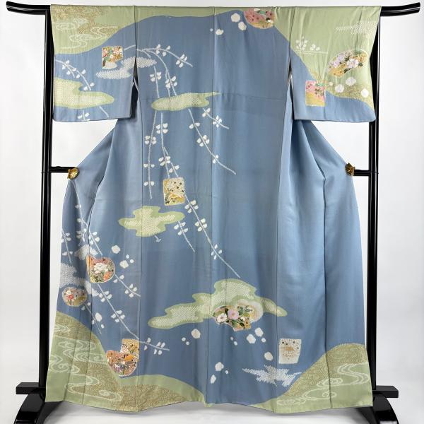 訪問着 身丈163cm 裄丈66cm M 袷 団扇 草花 金彩 絞り 水色 正絹 名品