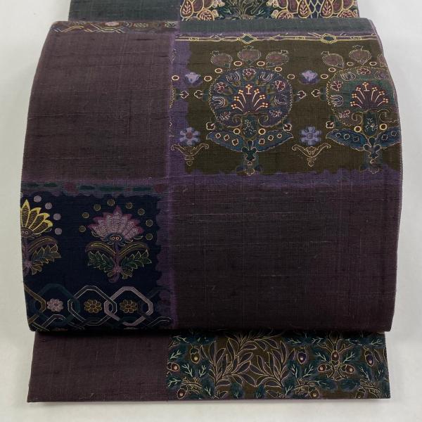 美品 袋帯 逸品 前田仁仙 落款あり 紬地 変わり市松 華文 金彩 紫 全通