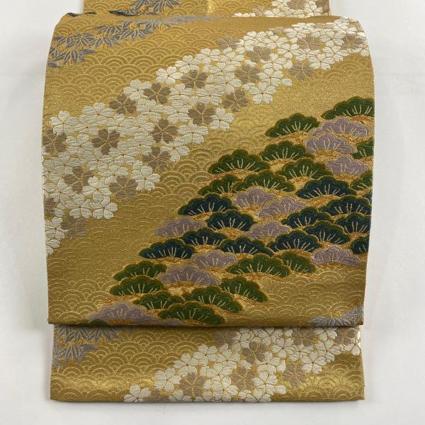 袋帯 名品 花井幸子 落款あり 松 桜 箔 金色 六通 正絹 中古 在庫一掃 
