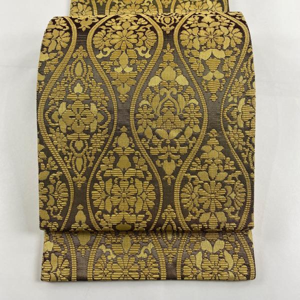 美品 袋帯 名品 立涌 草花 金糸 金色 六通 正絹 中古 : リユース