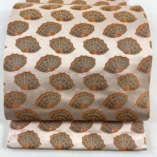 龍村 彩貝紋様 着物帯 開き名古屋帯 開き名古屋帯 名品 龍村美術織物 彩貝 サーモンピンク 正絹 中古