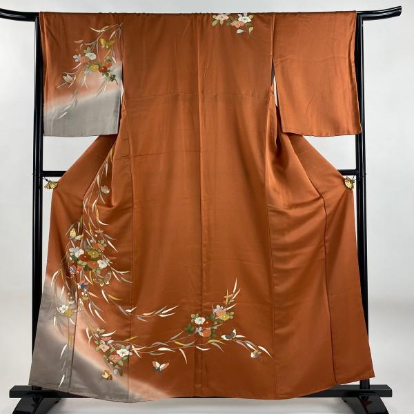 蝶々訪問着フルセット　身丈150cm 裄丈63cm 訪問着 身丈157.5cm 裄丈64.5cm M 袷 花束 蝶 金彩 ぼかし 赤茶 正絹