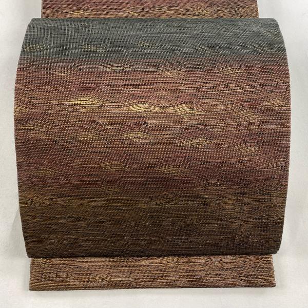 美品 袋帯 秀品 よろけ縞 金糸 箔 小豆色 全通 正絹 中古 : リユース