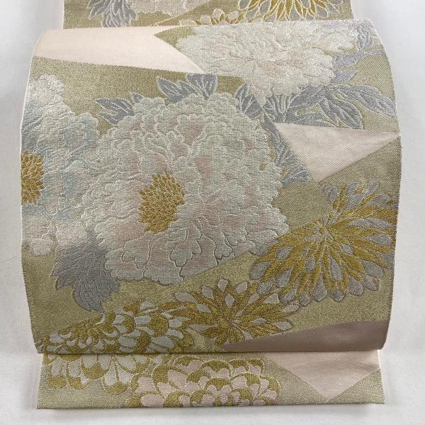 美品 袋帯 秀品 川島織物 落款あり 牡丹 菊 金銀糸 刺繍 薄ピンク 六通