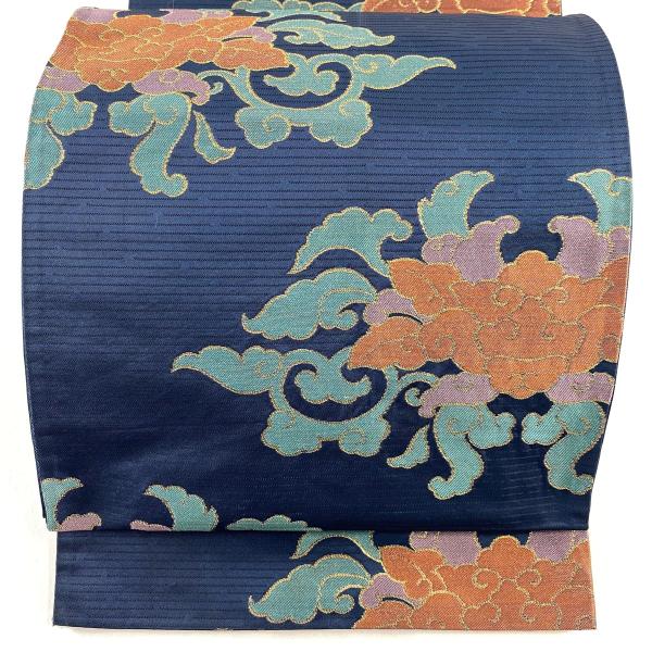 名古屋帯 秀品 花唐草 金糸 箔 紺色 正絹 中古 : リユースセレクト