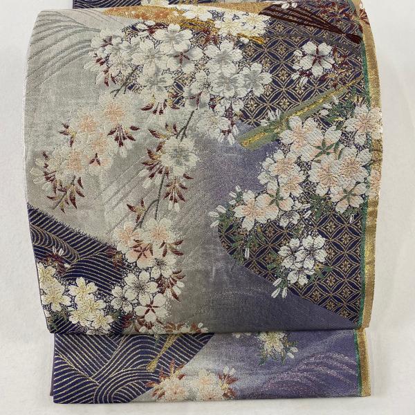 袋帯 秀品 桜 扇 金糸 箔 灰紫 六通 正絹 中古 : リユースセレクト