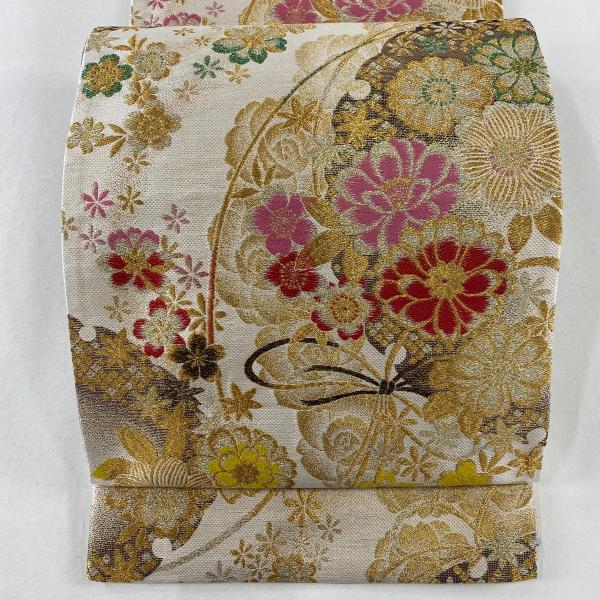 ⑥⑥⑤ 夏帯 雪輪　しば草 六通 袋帯 正絹 金糸 袋帯 美品 秀品 草花 雪輪 金糸 箔 クリーム 六通 正絹 中古