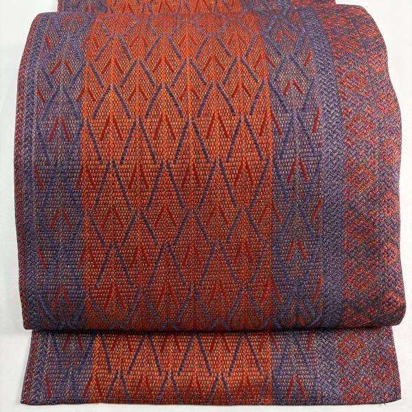 名古屋帯 美品 秀品 八寸名古屋帯 松葉仕立て 幾何学 縞 金糸 赤茶