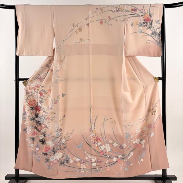 訪問着 身丈155cm 裄丈65cm M 袷 落款あり 菊 枝梅 ぼかし 薄ピンク