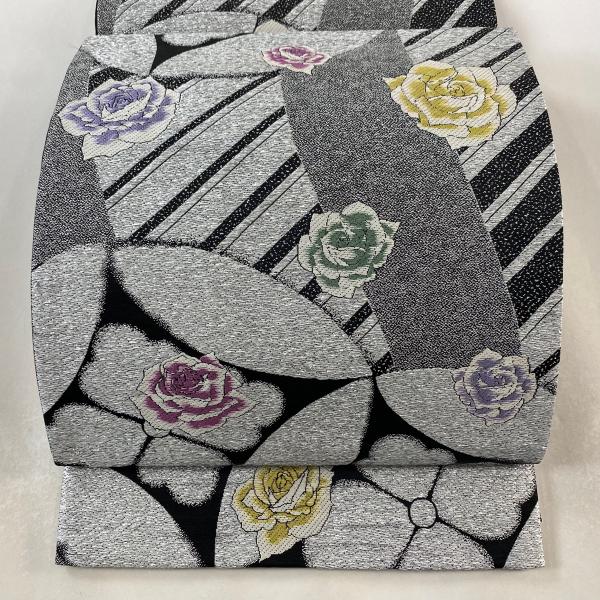 袋帯 美品 秀品 振袖向き バラ 七宝 箔 銀色 六通 正絹 中古