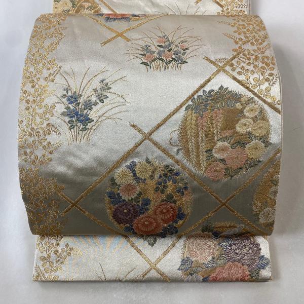 美品 袋帯 秀品 格天井 花丸文 金銀糸 箔 銀色 六通 正絹 中古